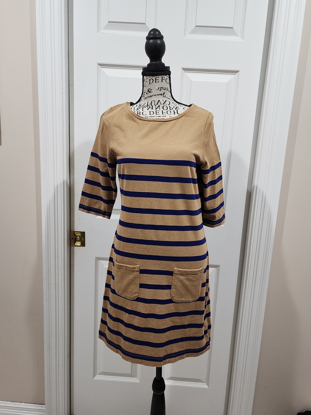 Boden Tan & Navy Striped Pocket Mini Dress